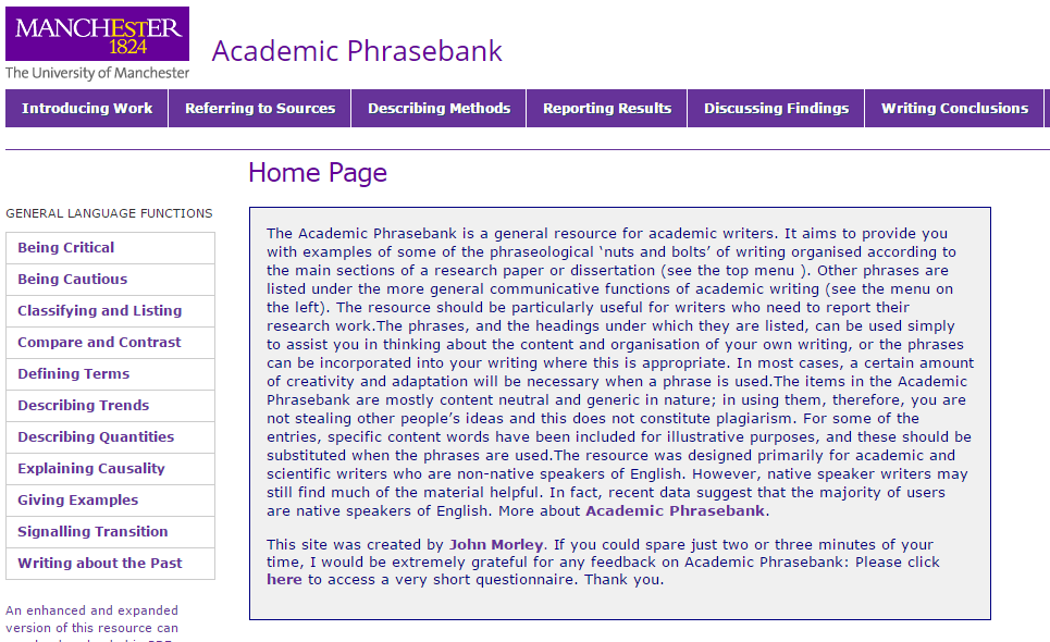 The Academic Phrasebank: an academic writing resource for students and researchers